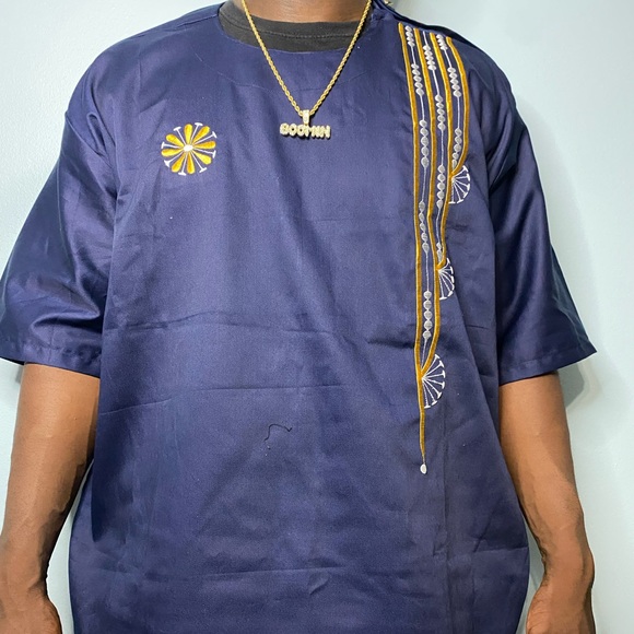 Men’s African Clothing Print Navy Blue African Top Mens Sizes S-XL - Picture 3 of 3